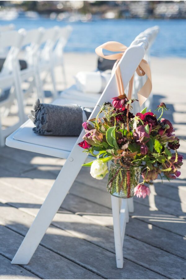 Chair Hanging Flower Basket Lakeside Wedding