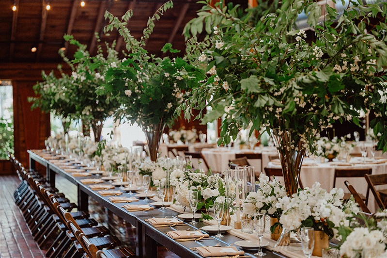 Long wood table with tall arrangements, competes and taper candles