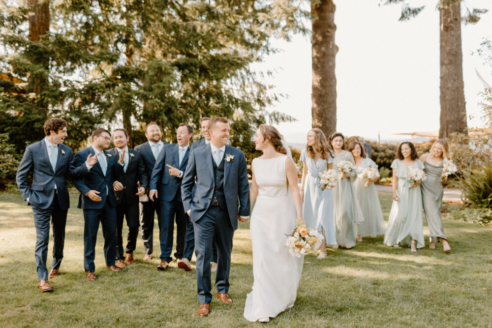 Happy bride and groom with groomsmen and bridesmaids at Alderbrook Lodge