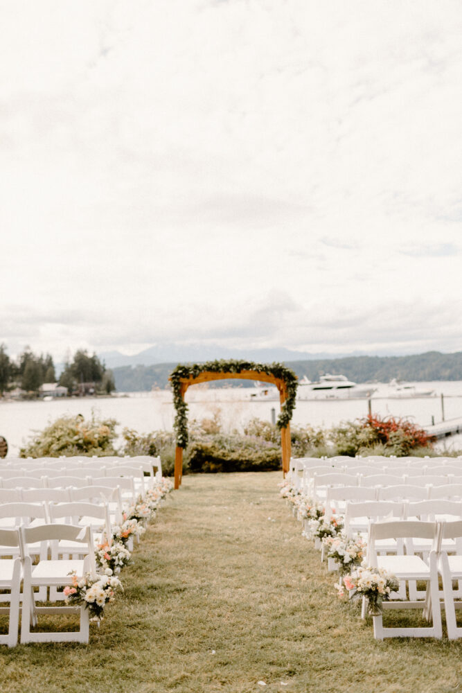 Ceremony arbor and aisle with flowers in place