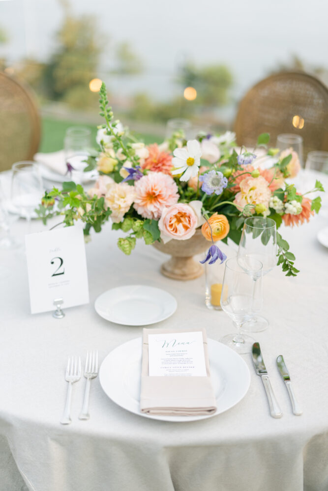 wedding guest table centerpieces in blue and peach