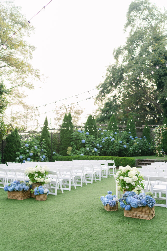 wedding ceremony admirals house, blue hydrangea wedding flowers, wedding ceremony aisle